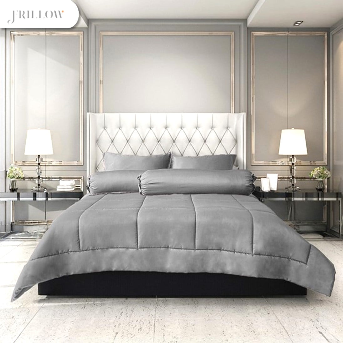 ชุดผ้าปูที่นอน 6ฟุต 6 ชิ้น FRILLOW 720TC COTTON SILK สี  SLIVER GREY_0